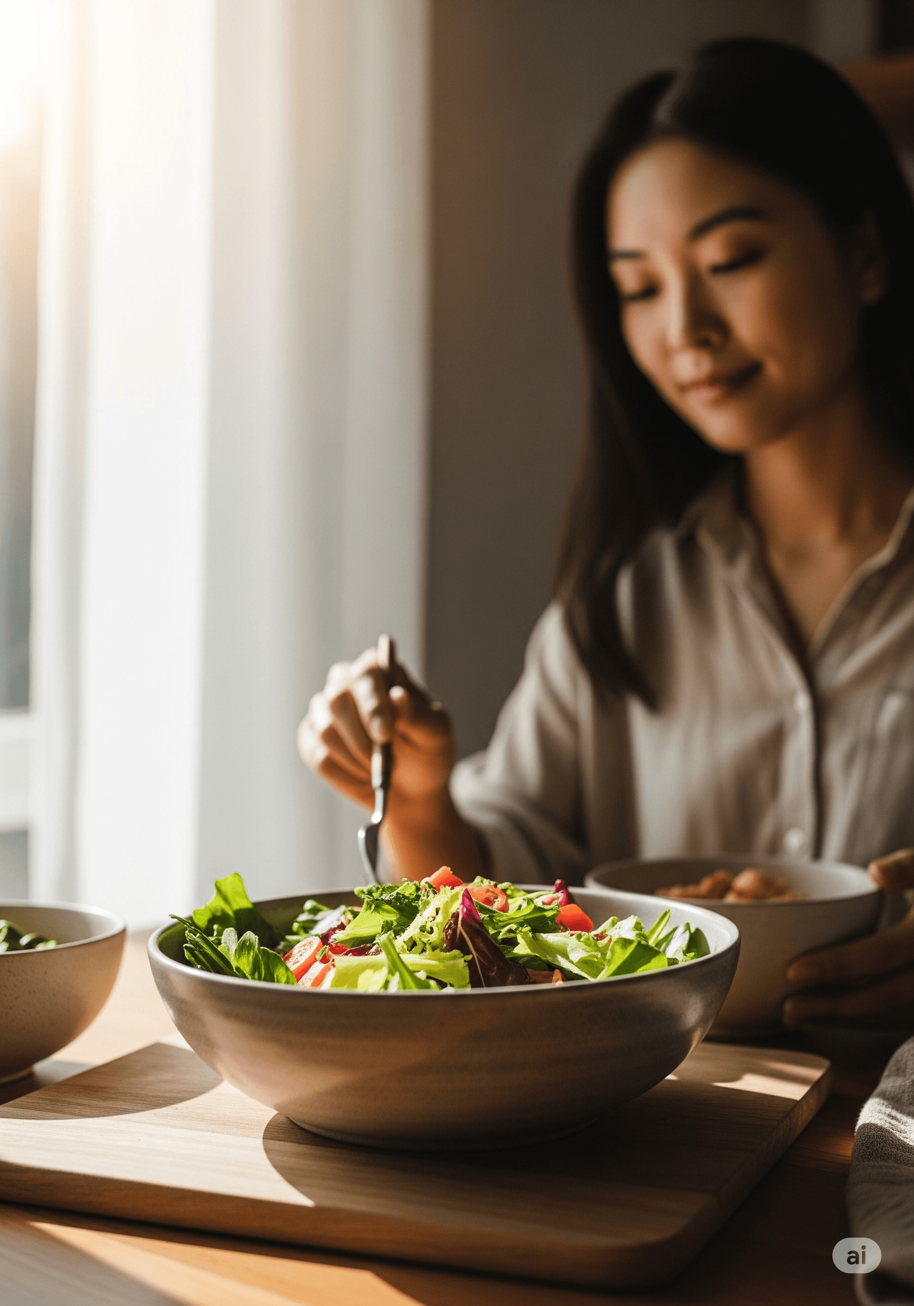 Woman eating salad in sunlight