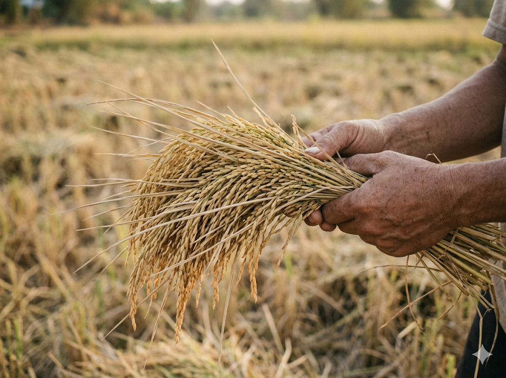 Hands holding a freshly cut bundle of paddy stalks