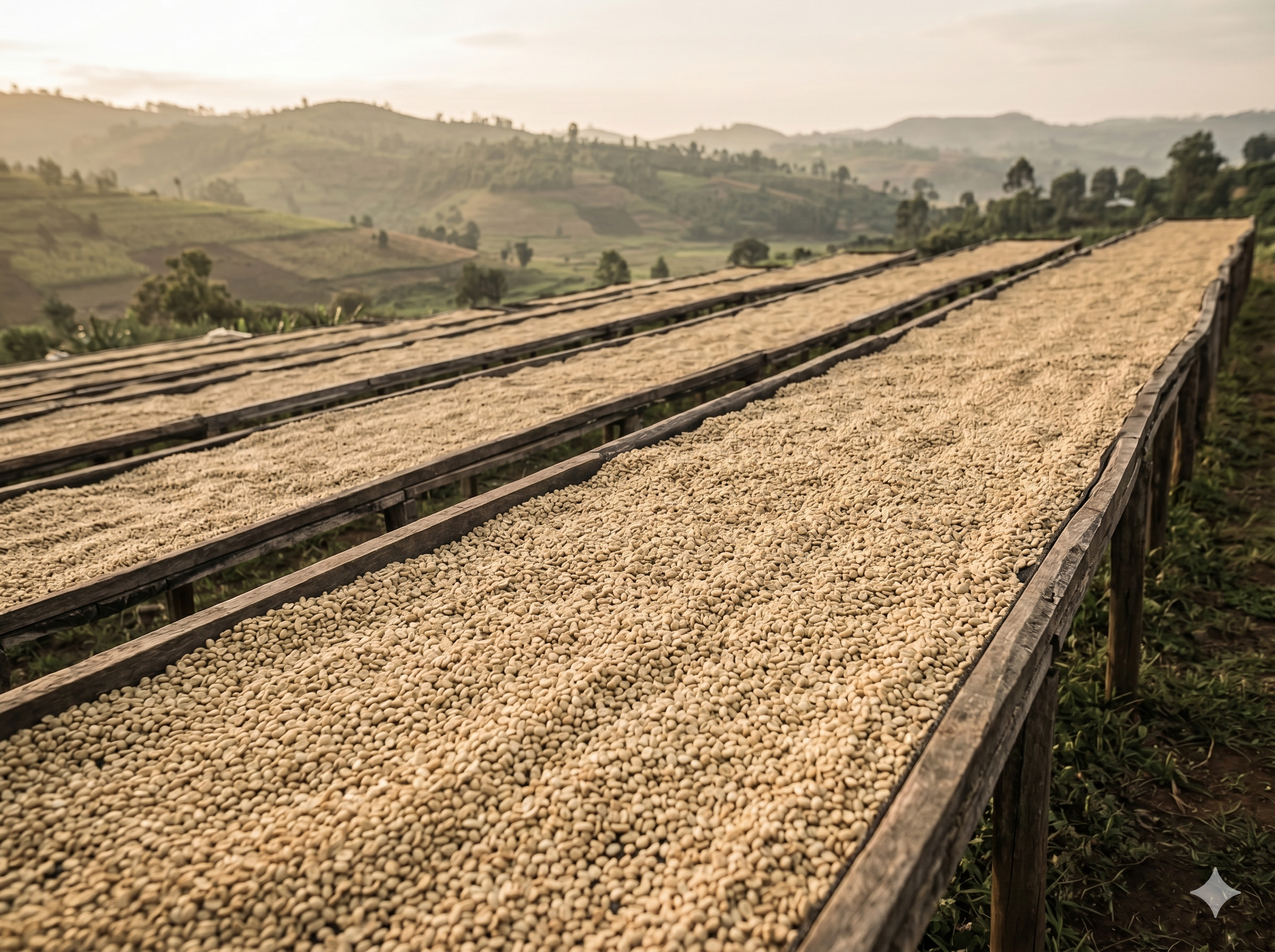 Coffee parchment drying on raised African drying beds