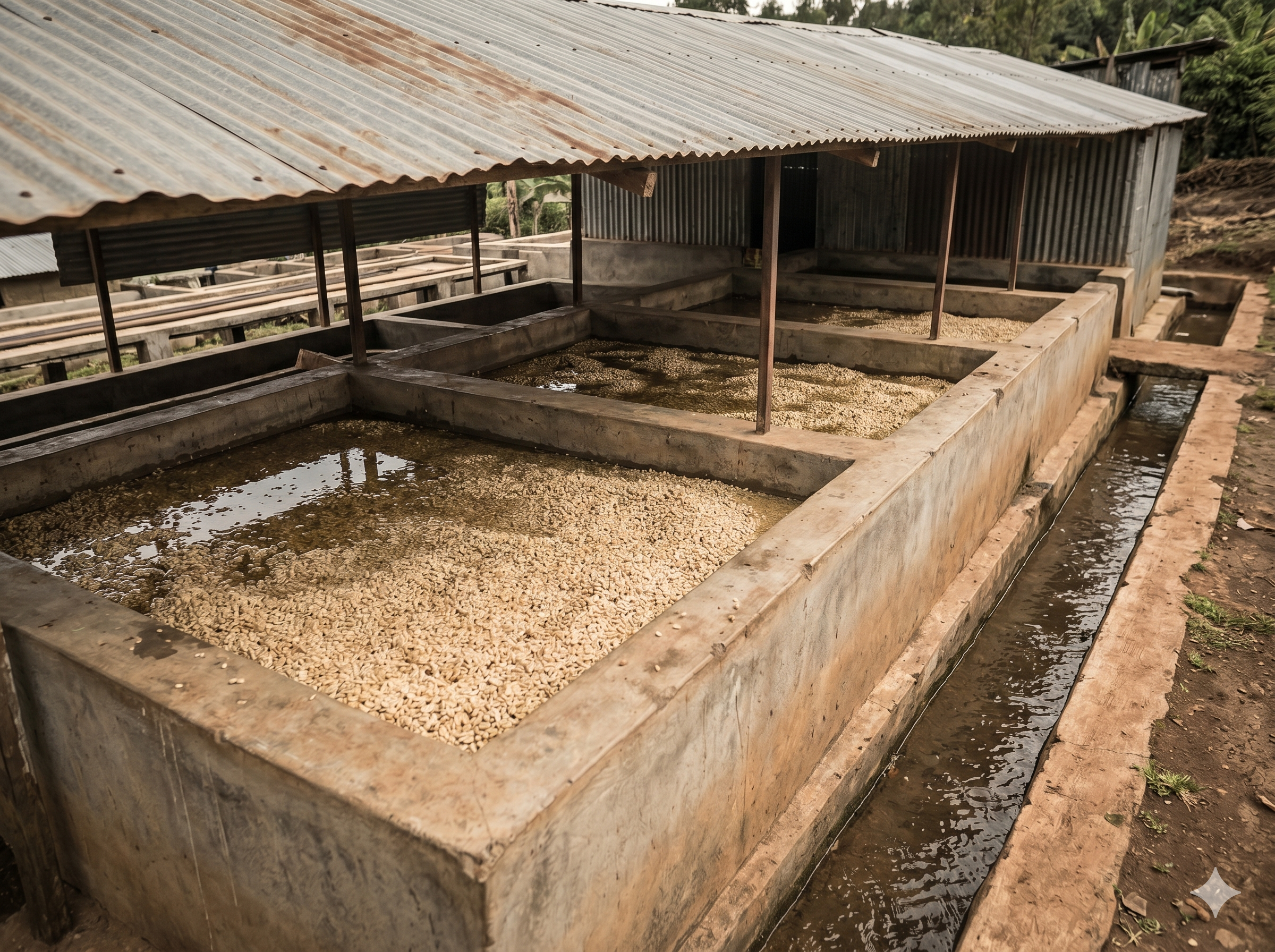 Coffee washing station with concrete fermentation tanks