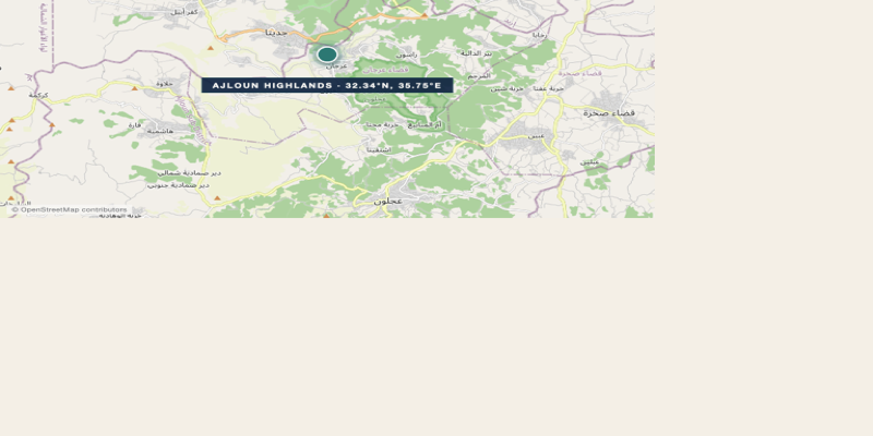 Map of Ajloun Highlands · producer-declared GPS 32.34°N, 35.75°E