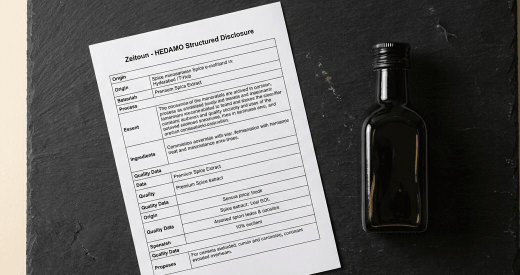 A printed HEDAMO Structured Disclosure document beside a bottle of Zeitoun Heritage olive oil, photographed on slate